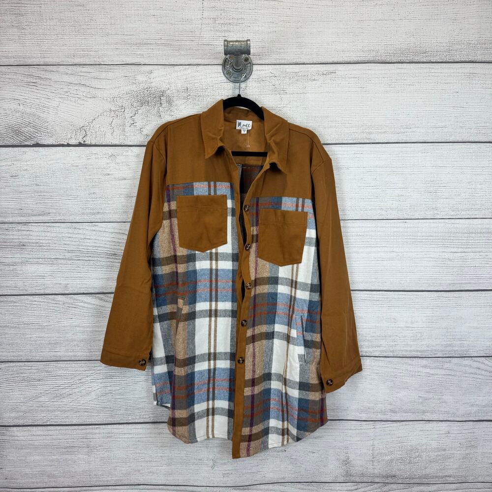 Meritt Women's Tan Plaid Button Up Lightweight Shacket Size Medium